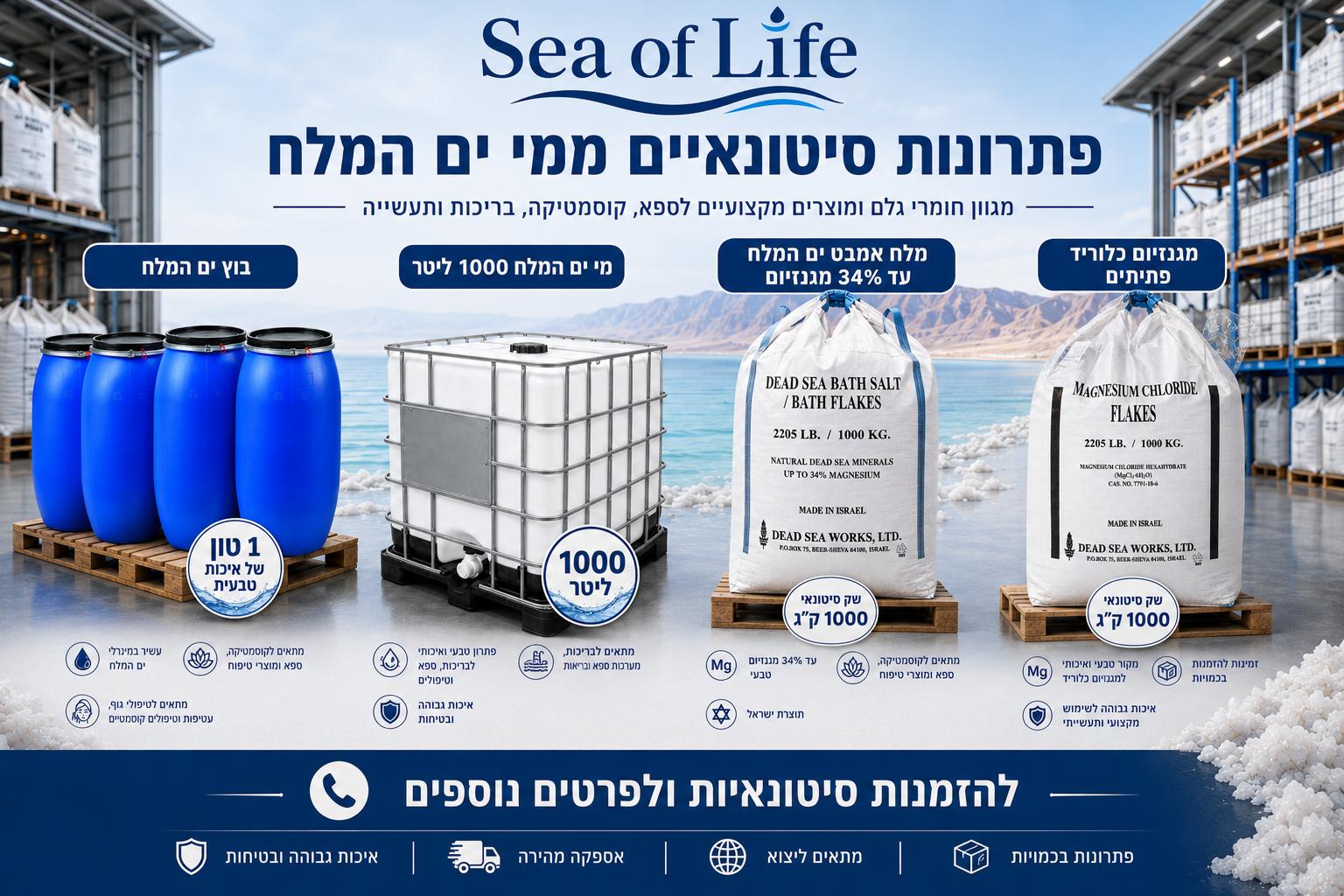 מוצרי ים המלח סיטונאי — בוץ, מי ים, מלח אמבט, מגנזיום כלוריד