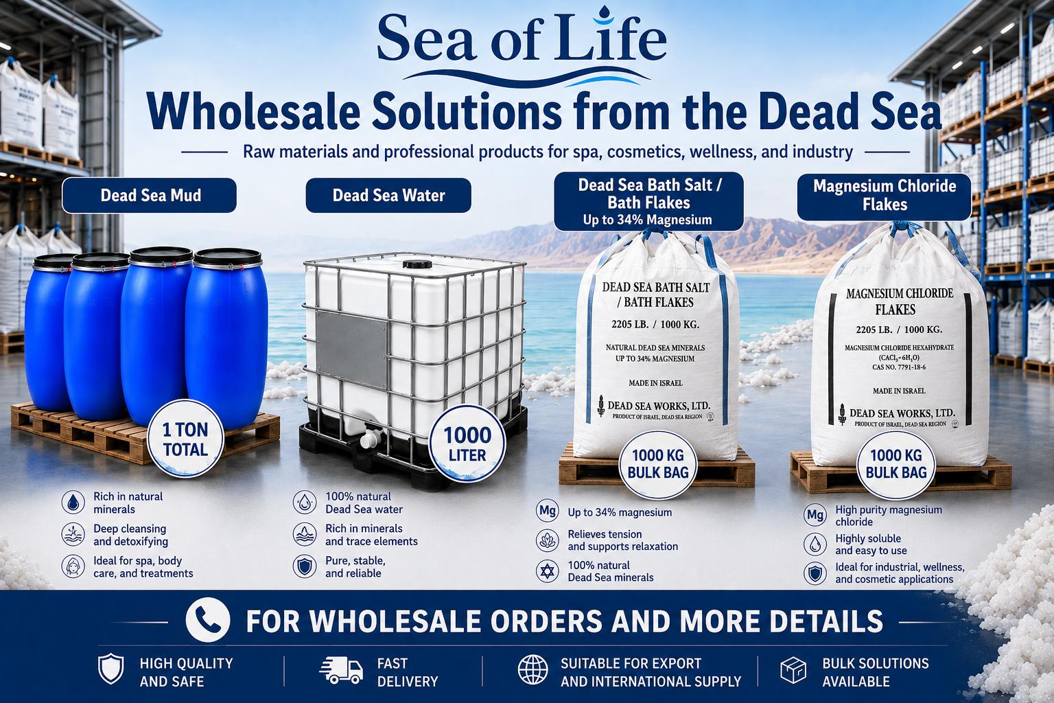 Dead Sea wholesale products — mud, water, bath salt, magnesium chloride