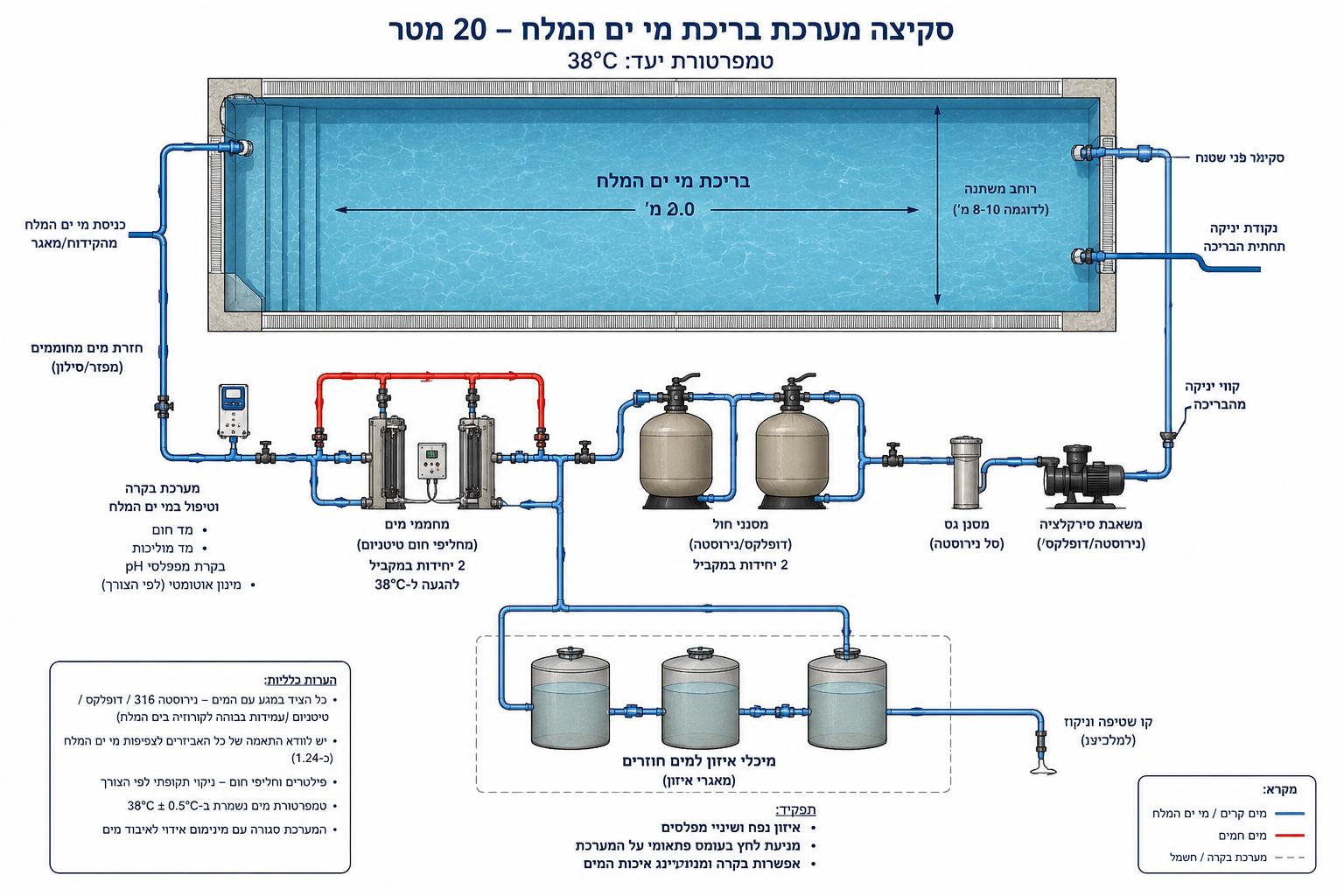 תרשים עקרוני של בריכת מי ים המלח בנפח ~20 מ