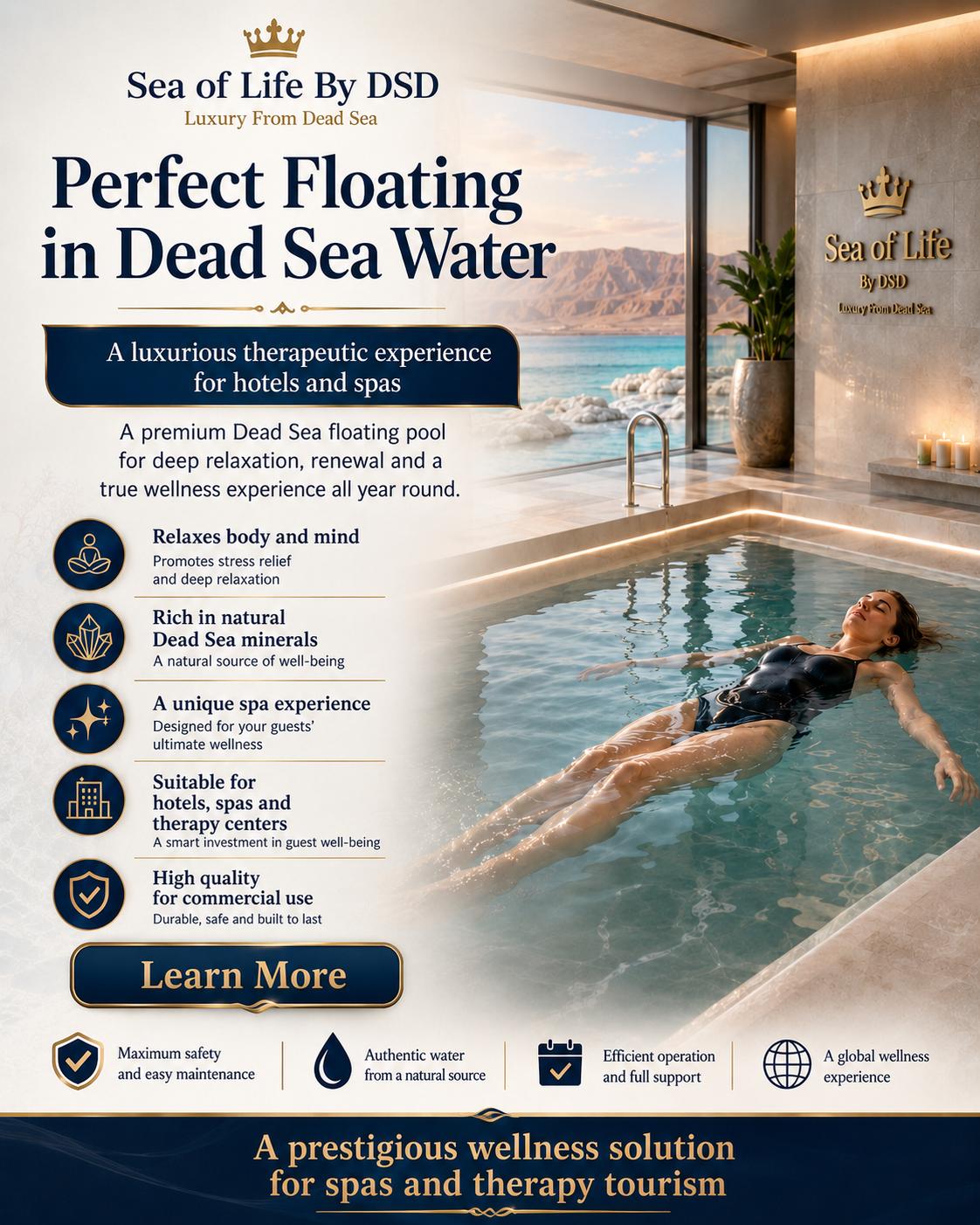 Perfect floating in Dead Sea water — luxury therapeutic pool for hotels and spas — Sea of Life By DSD